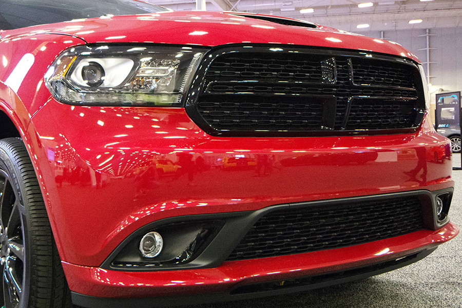 the front grille of a bright red 2018 dodge durango