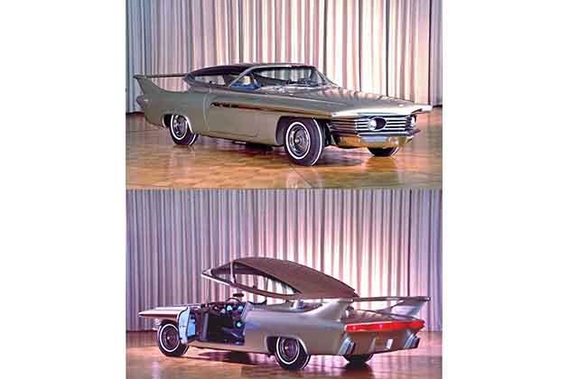 two images of the 1961 chrysler turboflite with the canopy open and closed