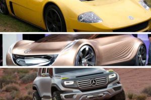 a trio of images showing concept cars from VW, Mazda, and Mercedes