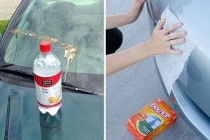 a collage of car cleaning tips like using club soda or dryer sheets to remove stuck on material