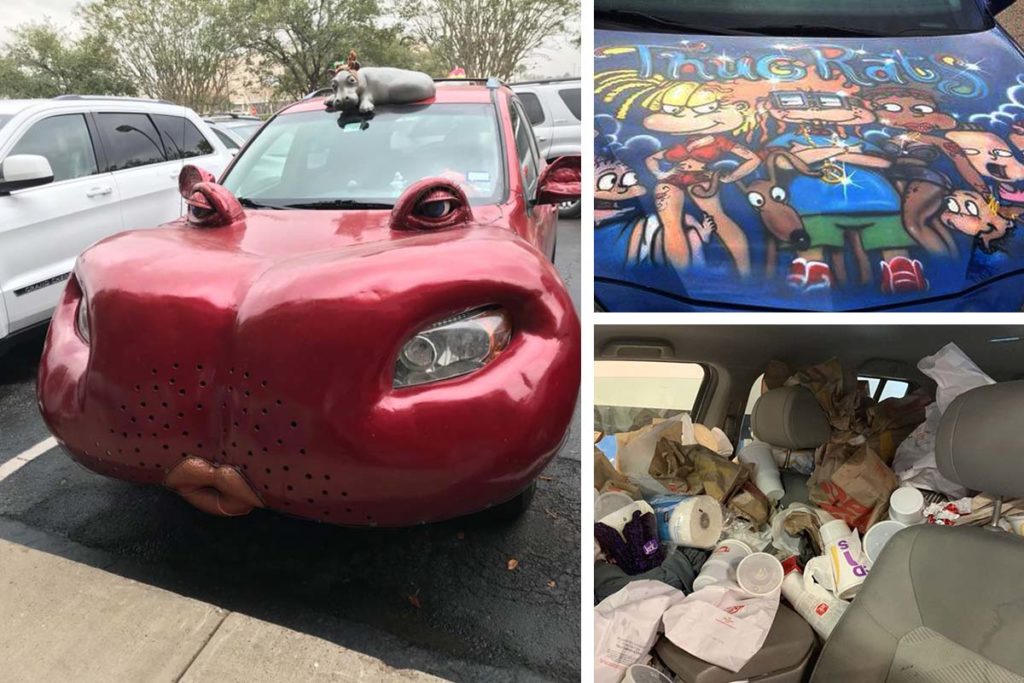 a collage of a hippo car a trash filled car and a car with a rugrats paint job
