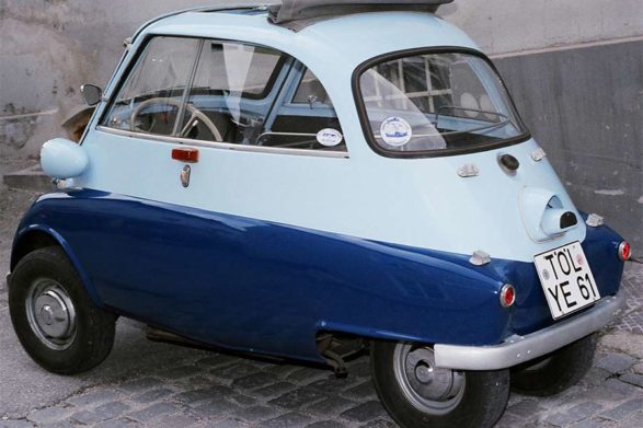 a two toned blue 4 wheel 1955 bmw isetta