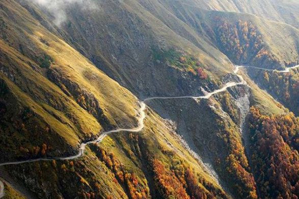 a view of the caucasus road in georgia from the air