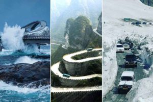 a collage of dangerous winding roads throughout the world
