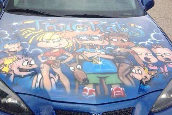 the hood of a car painted with grown up rugrats characters