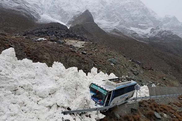 a avalanche on the karakoram highway on the border of pakistan and china