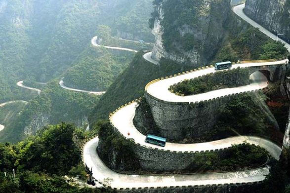 the tianmen mountain 99 bend road winds around itself