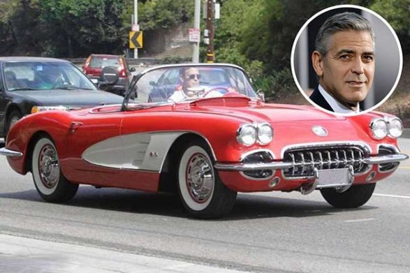 george clooney driving his red car