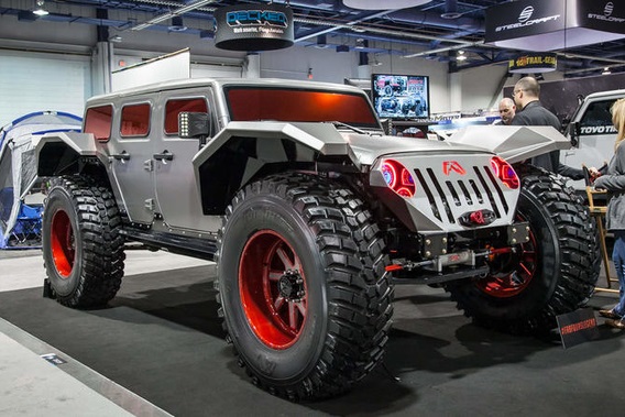 a stylized jeep wrangler with a sheetmetal gray paint job and angular wheel wells