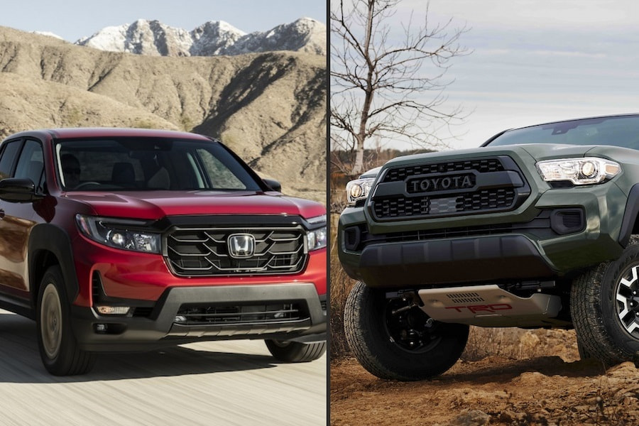 a red 2022 honda ridgeline and a green 2022 toyota tacoma