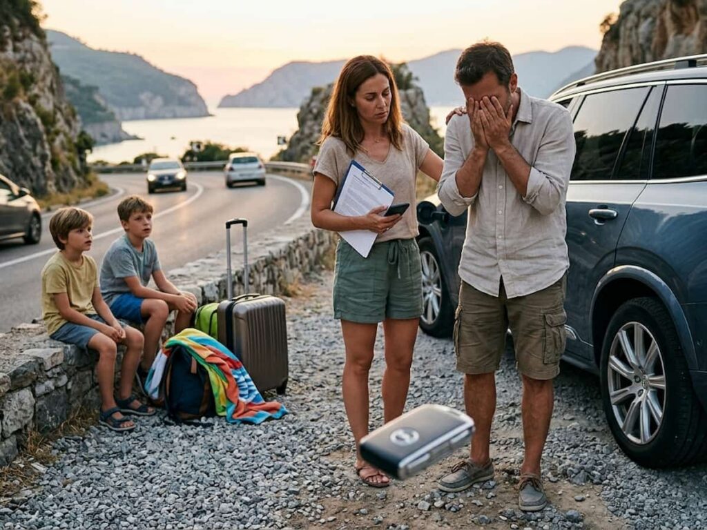 a stressed family on the side of the road after losing a car key fob