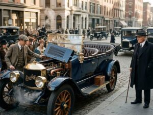 an artists rendering of steam powered cars in the 1920s USA